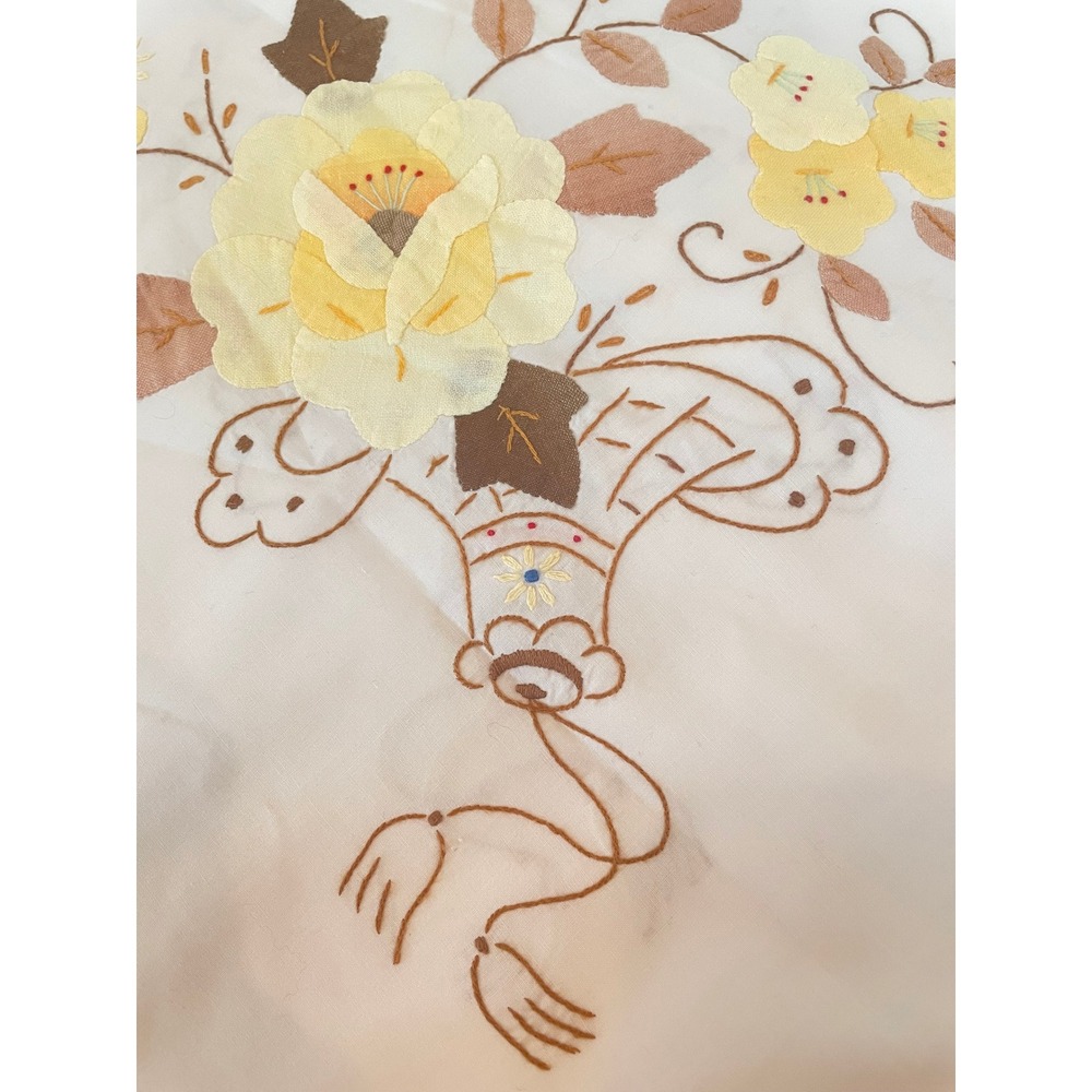 Vintage Hand Embroidered Floral Applique Tablecloth White Yellow Orange 99x65